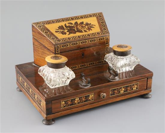 A 19th century Tunbridge ware rosewood and floral mosaic desk stand, W. 25.5cm